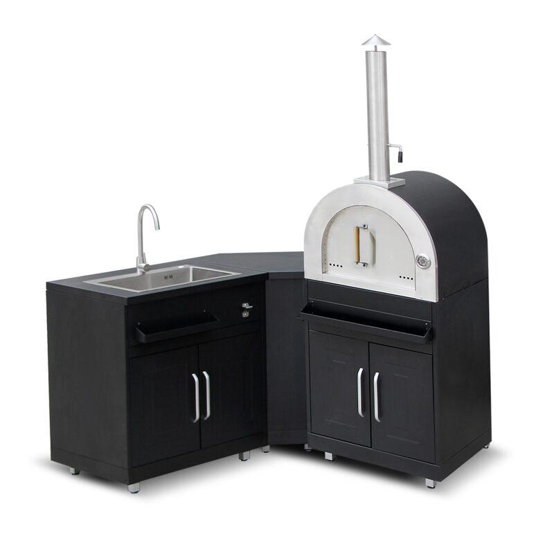3-Elemente-Outdoorküche aus Stahl mit Pizzaofen