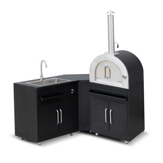 Outdoor-Küche aus Metall in Eckform mit Outdoor-Spüle, Pizzaofen und Stauraum – 3 Module | Oviala