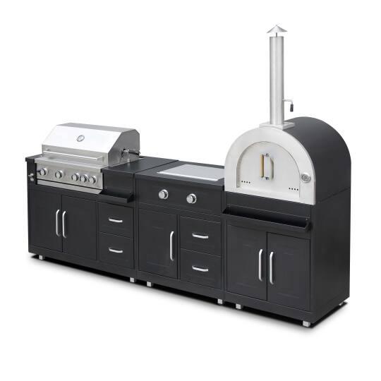 Outdoor-Küche aus Metall mit Pizzaofen, Gasherd, Grill und Stauraum – 3 Module | Oviala