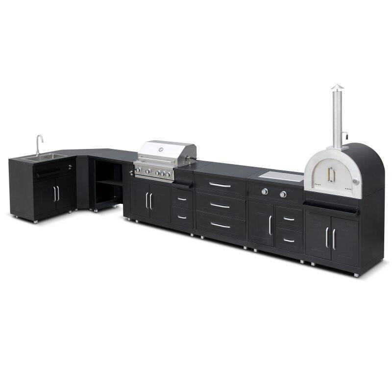 Outdoor Küche aus Stahl mit darunter 3 Kochmodule und ein Spülbecken - 7-teilig