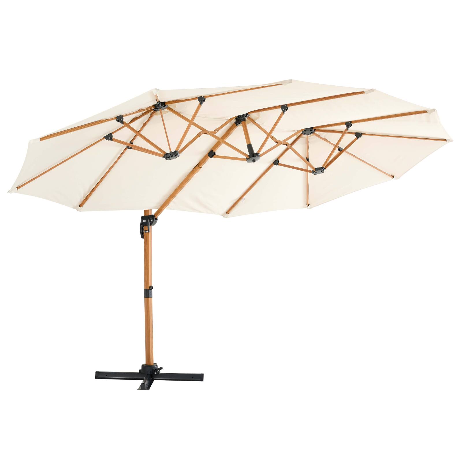 3-Kopf-Versatz-Ampelschirm (4,5 x 2,65 m) mit 360° drehbarem Stock in Holzoptik und Schutzhülle
