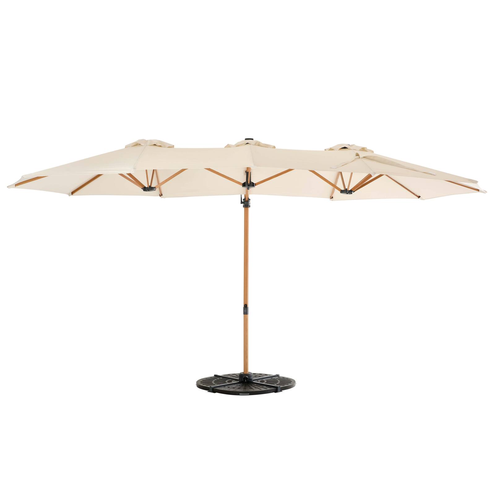 3-Kopf-Versatz-Ampelschirm (4,5 x 2,65 m) mit 360° drehbarem Stock in Holzoptik und Schutzhülle