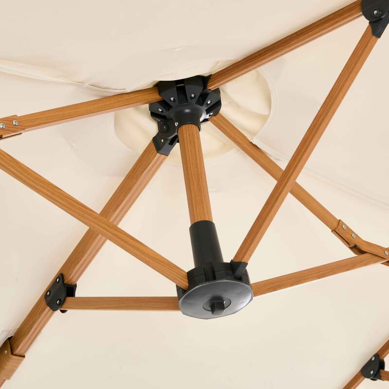 3-Kopf-Versatz-Ampelschirm (4,5 x 2,65 m) mit 360° drehbarem Stock in Holzoptik und Schutzhülle