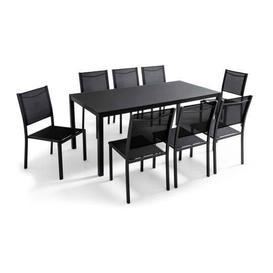 Rechteckiger Gartentisch 182 x 90 cm und 8 Stühle aus Aluminium mit Sicherheitsglasplatte