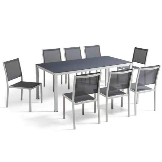 Rechteckiger Gartentisch 182 x 90 cm und 8 Stühle aus Aluminium mit Sicherheitsglasplatte