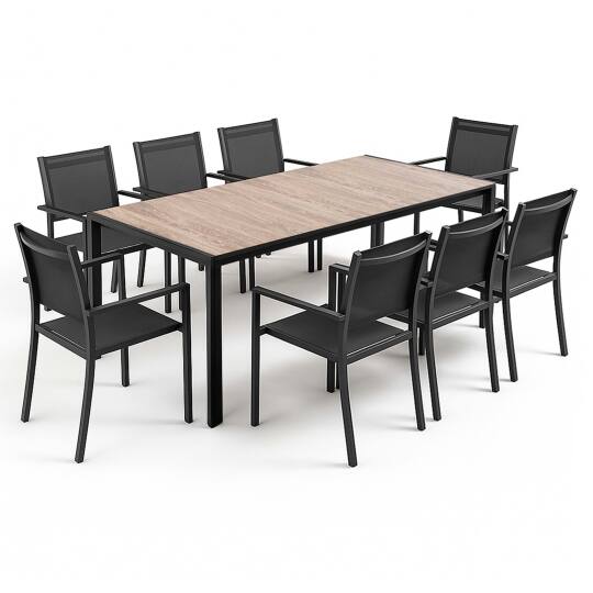 Gartentisch aus Aluminium und Keramik mit Holzoptik, 206x100 cm, und 8 Stühle aus Textilen | Oviala