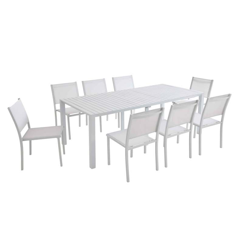 Ausziehbarer Gartentisch aus Aluminium, 52/260x100 cm, und 8 Stühle aus Textilene