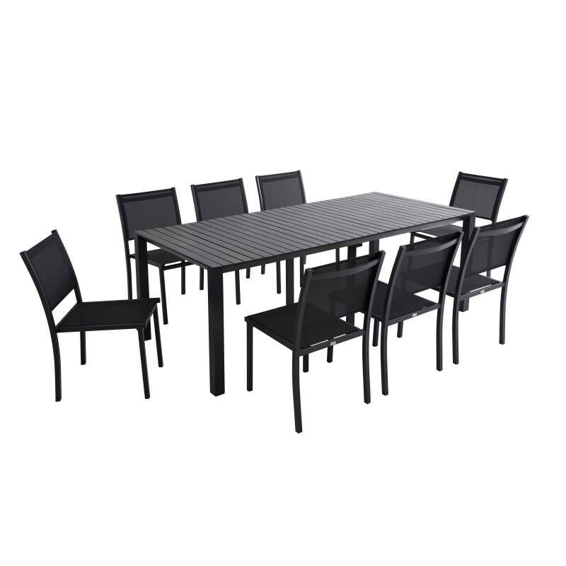 Ausziehbarer Gartentisch aus Aluminium, 52/260x100 cm, und 8 Stühle aus Textilene