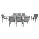 Gartentisch aus Aluminium mit Holzoptik und gehärtetem Glas, 180x90 cm, und 8 Stühle aus Textilene, mit Armlehnen