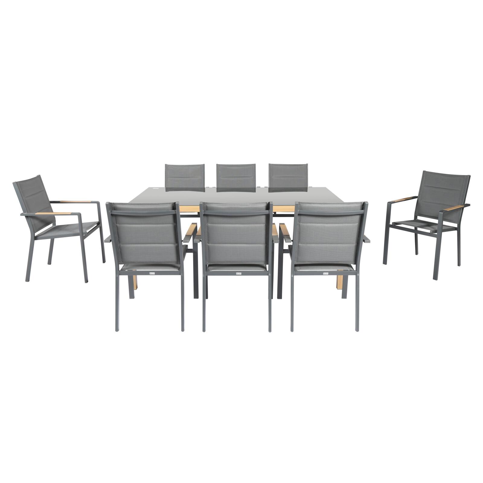 Gartentisch aus Aluminium mit Holzoptik und gehärtetem Glas, 180x90 cm, und 8 Stühle aus Textilene, mit Armlehnen