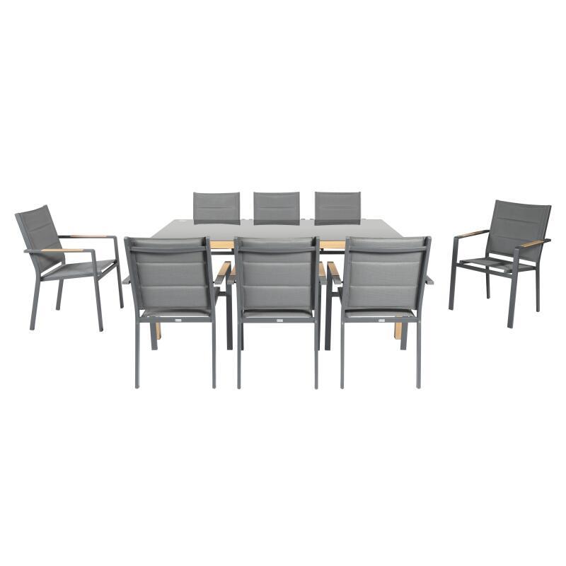 Gartentisch aus Aluminium mit Holzoptik und gehärtetem Glas, 180x90 cm, und 8 Stühle aus Textilene, mit Armlehnen