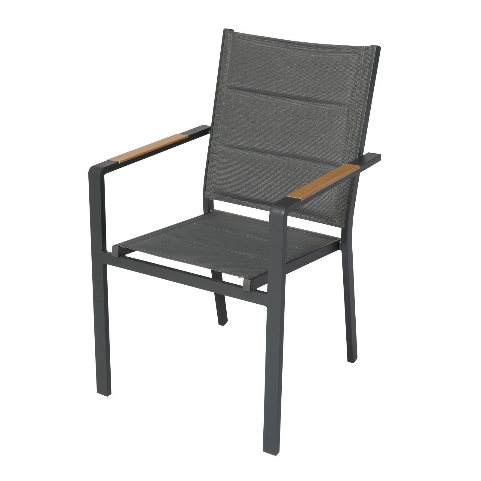 Gartentisch aus Aluminium mit Holzoptik und gehärtetem Glas, 180x90 cm, und 8 Stühle aus Textilene, mit Armlehnen