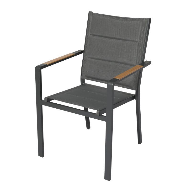 Gartentisch aus Aluminium mit Holzoptik und gehärtetem Glas, 180x90 cm, und 8 Stühle aus Textilene, mit Armlehnen