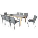 Gartentisch aus Aluminium mit Holzoptik und gehärtetem Glas, 180x90 cm, und 8 Stühle aus Textilene, mit Armlehnen