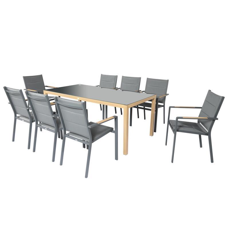 Gartentisch aus Aluminium mit Holzoptik und gehärtetem Glas, 180x90 cm, und 8 Stühle aus Textilene, mit Armlehnen