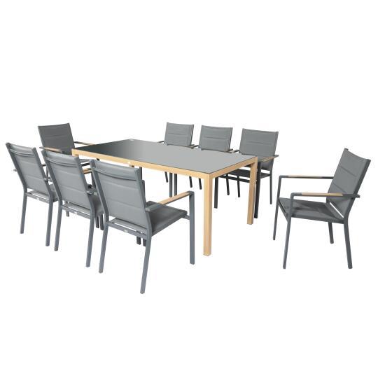 Gartentisch aus Aluminium mit Holzoptik und gehärtetem Glas, 180x90 cm, und 8 Stühle aus Textilene, mit Armlehnen