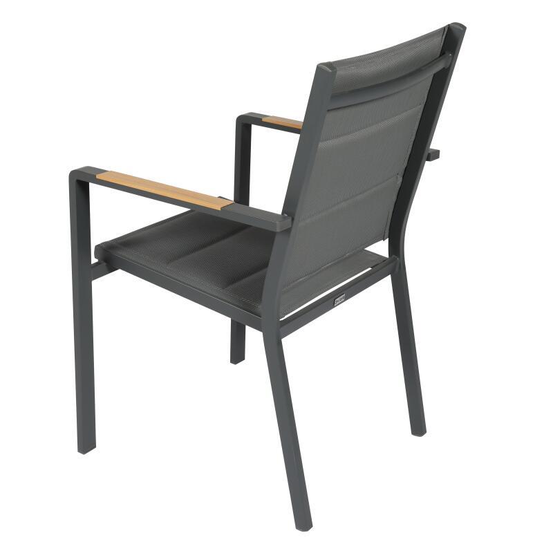 Gartentisch aus Aluminium mit Holzoptik und gehärtetem Glas, 180x90 cm, und 8 Stühle aus Textilene, mit Armlehnen