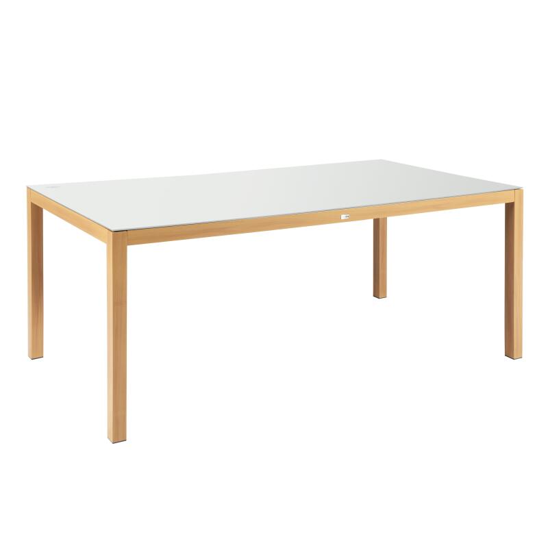 Gartentisch aus Aluminium mit Holzoptik und gehärtetem Glas, 180x90 cm, und 8 Stühle aus Textilene, mit Armlehnen (4/7)