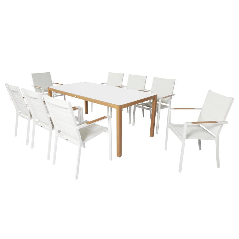 Gartentisch aus Aluminium mit Holzoptik und gehärtetem Glas, 180x90 cm, und 8 Stühle aus Textilene, mit Armlehnen