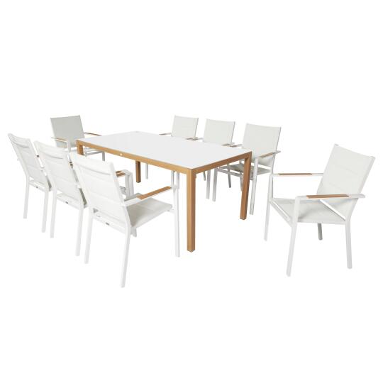 Rechteckiger Gartentisch aus Aluminium in Holzoptik 180 x 90 x 74 cm und 8 Stühle mit Armlehnen | Oviala