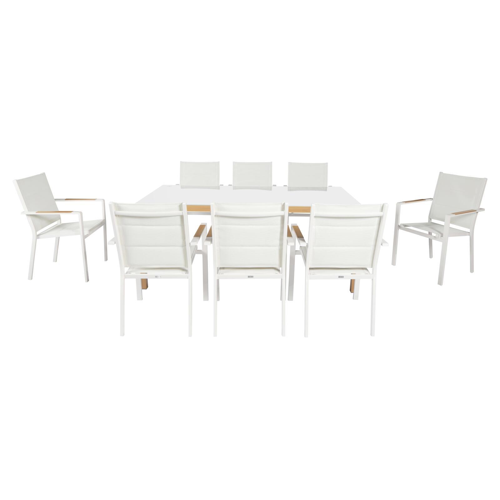 Gartentisch aus Aluminium mit Holzoptik und gehärtetem Glas, 180x90 cm, und 8 Stühle aus Textilene, mit Armlehnen