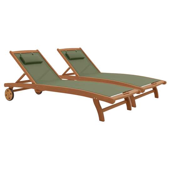Set aus 2 FSC®-zertifizierten, verstellbaren Sonnenliegestühlen aus Holz mit Rollen