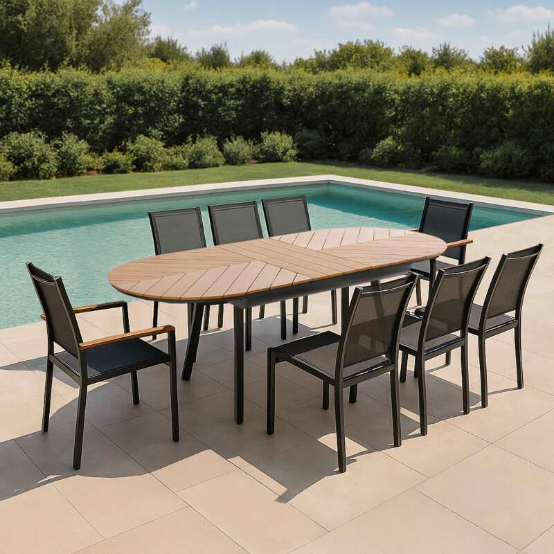 Rechteckiger ausziehbarer Gartentisch aus Polywood 180/220 cm mit 6 Stühlen und 2 Stühlen mit Armlehnen