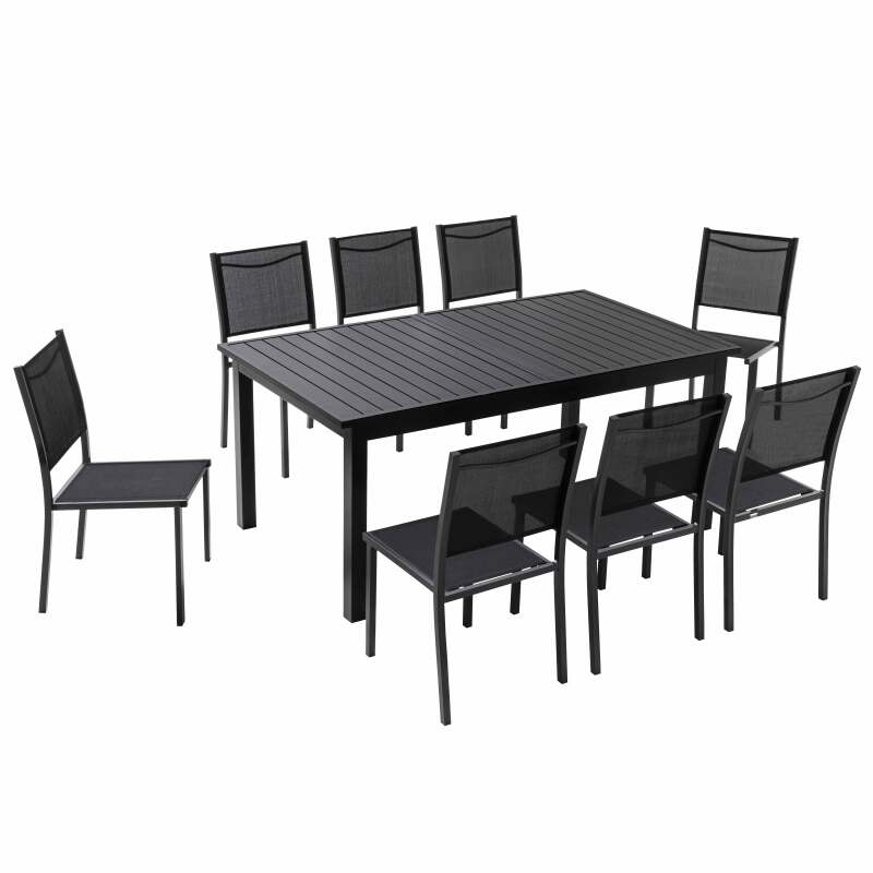 Rechteckiger, ausziehbarer Aluminium-Gartentisch mit 6 Stühlen und 2 Stühlen mit Armlehnen
