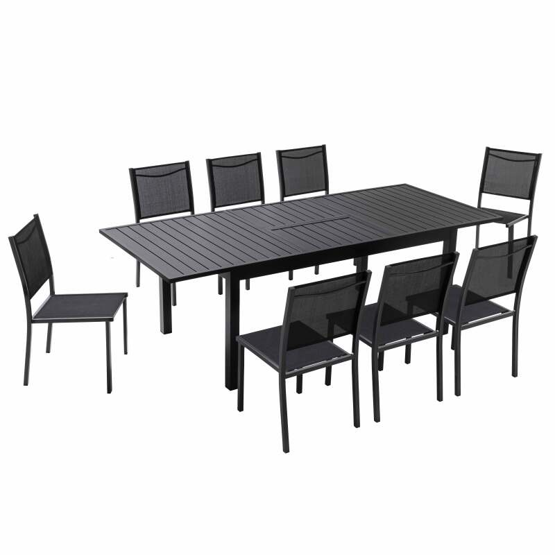 Rechteckiger, ausziehbarer Aluminium-Gartentisch mit 6 Stühlen und 2 Stühlen mit Armlehnen
