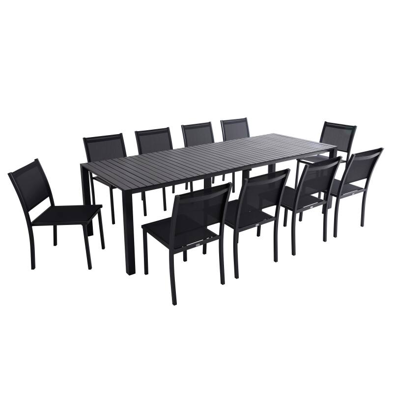 Ausziehbarer Gartentisch aus Aluminium, 52/260x100 cm, und 10 Stühle aus Textilene