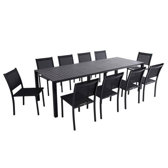 Ausziehbarer Gartentisch aus Aluminium, 52/260x100 cm, und 10 Stühle aus Textilene