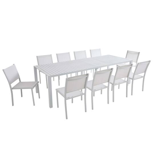Ausziehbarer Gartentisch aus Aluminium, 52/260x100 cm, und 10 Stühle aus Textilene