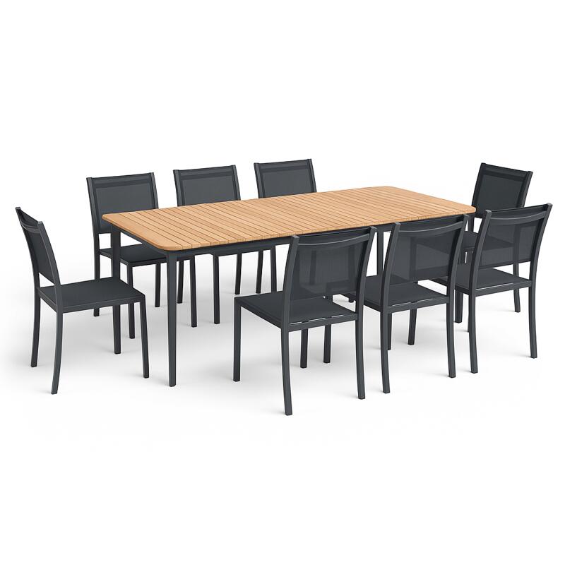 Rechteckiger Garten-Tisch aus Aluminium/Teakholz mit den Maßen 200 x 100 cm und 8 Stühlen