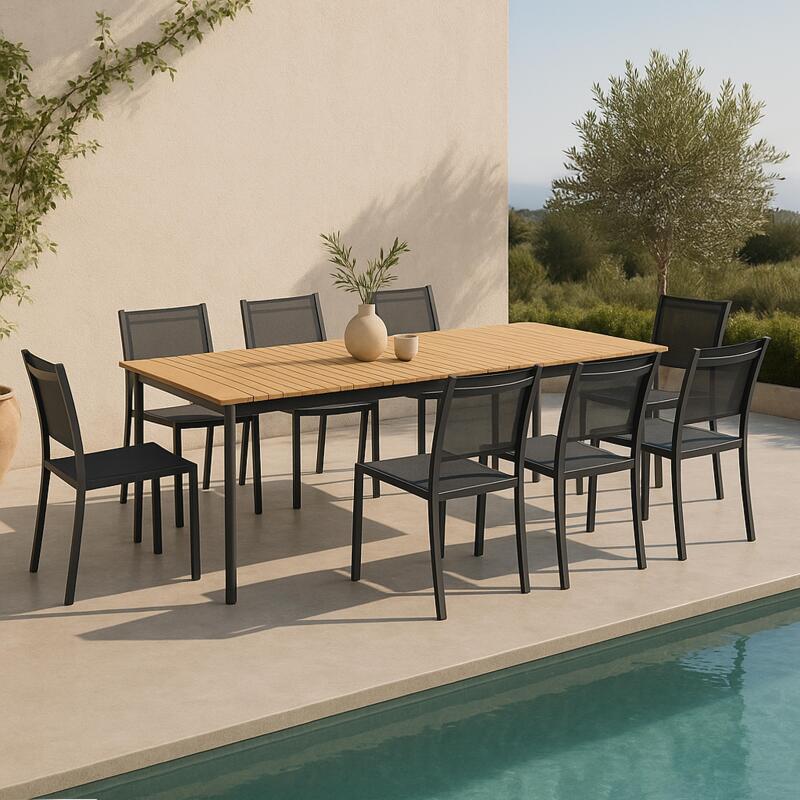 Rechteckiger Garten-Tisch aus Aluminium/Teakholz mit den Maßen 200 x 100 cm und 8 Stühlen