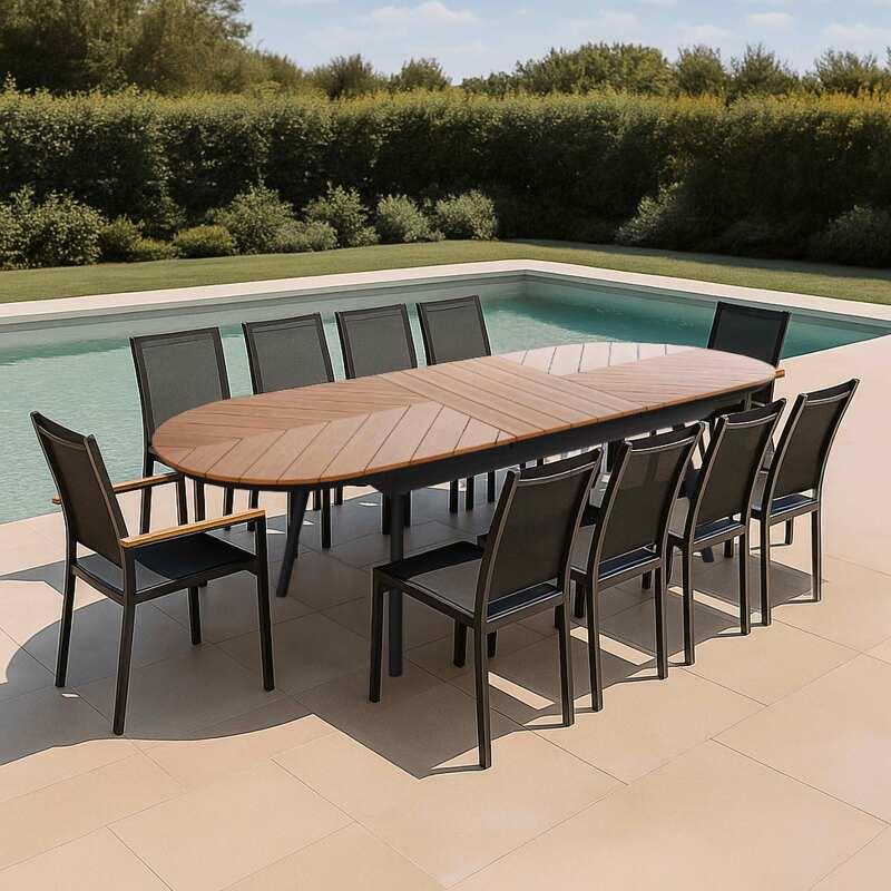 Ausziehbarer Gartentisch aus Polywood und Aluminium, 220/280x100 cm, und 10 Stühle aus Textilene