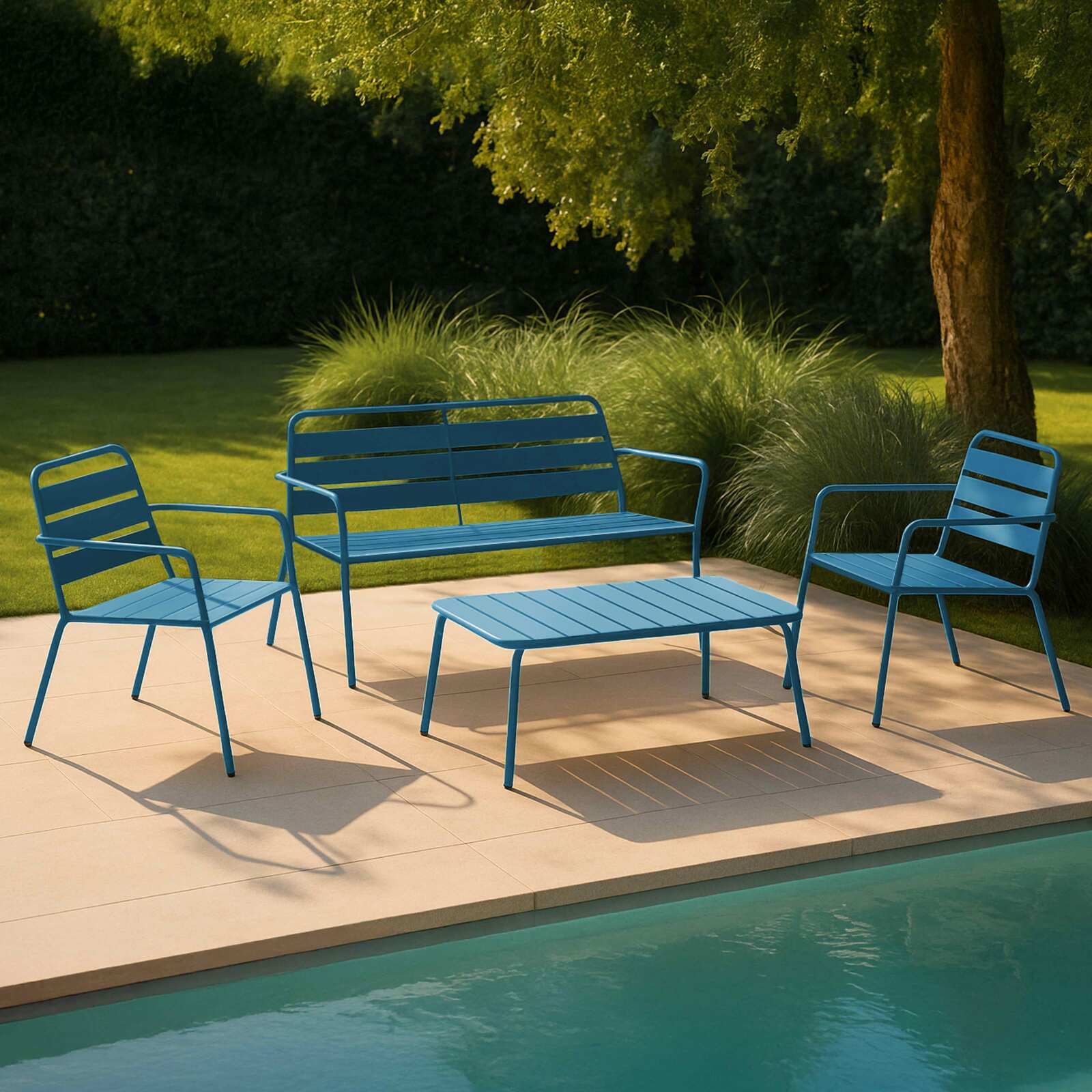 Gartenlounge-Set aus Metall für 4 Personen, bestehend aus 1 Couchtisch, 2 Sesseln und 1 Sofa 