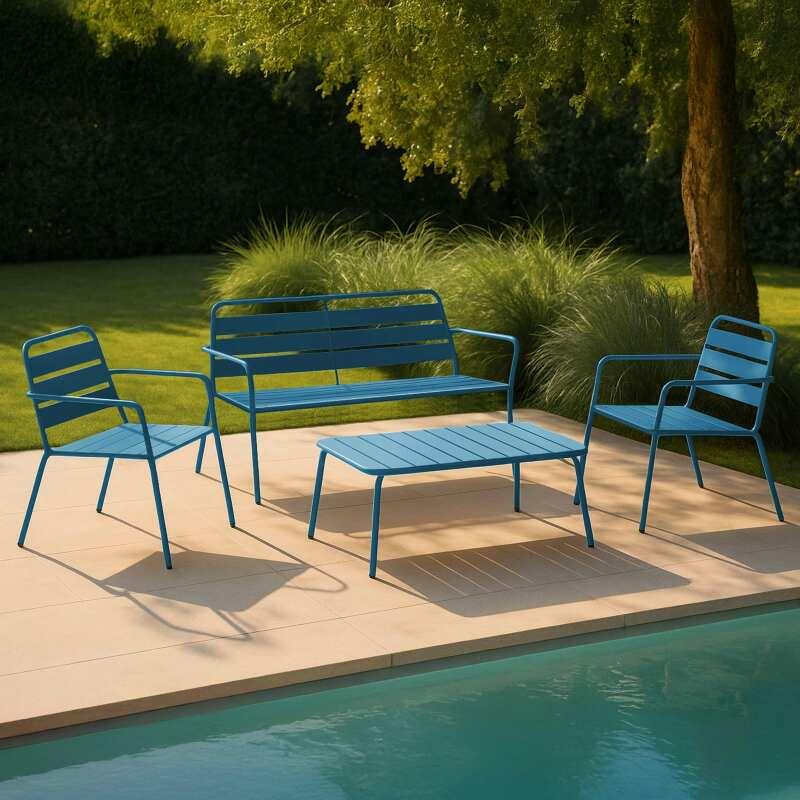 Gartenlounge-Set aus Metall für 4 Personen, bestehend aus 1 Couchtisch, 2 Sesseln und 1 Sofa 