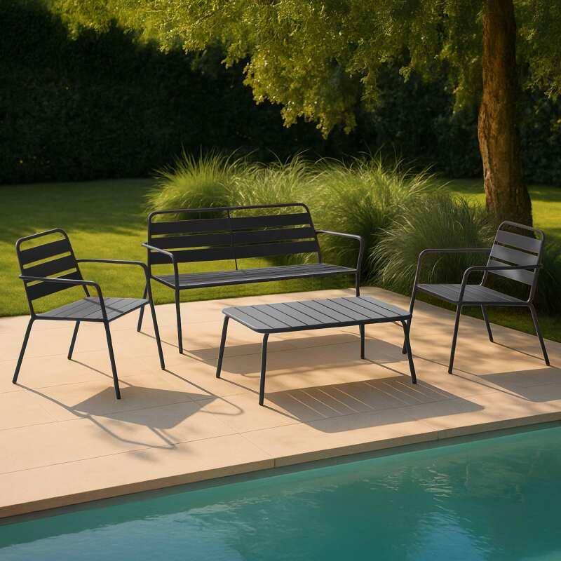 Gartenlounge-Set aus Metall für 4 Personen, bestehend aus 1 Couchtisch, 2 Sesseln und 1 Sofa 