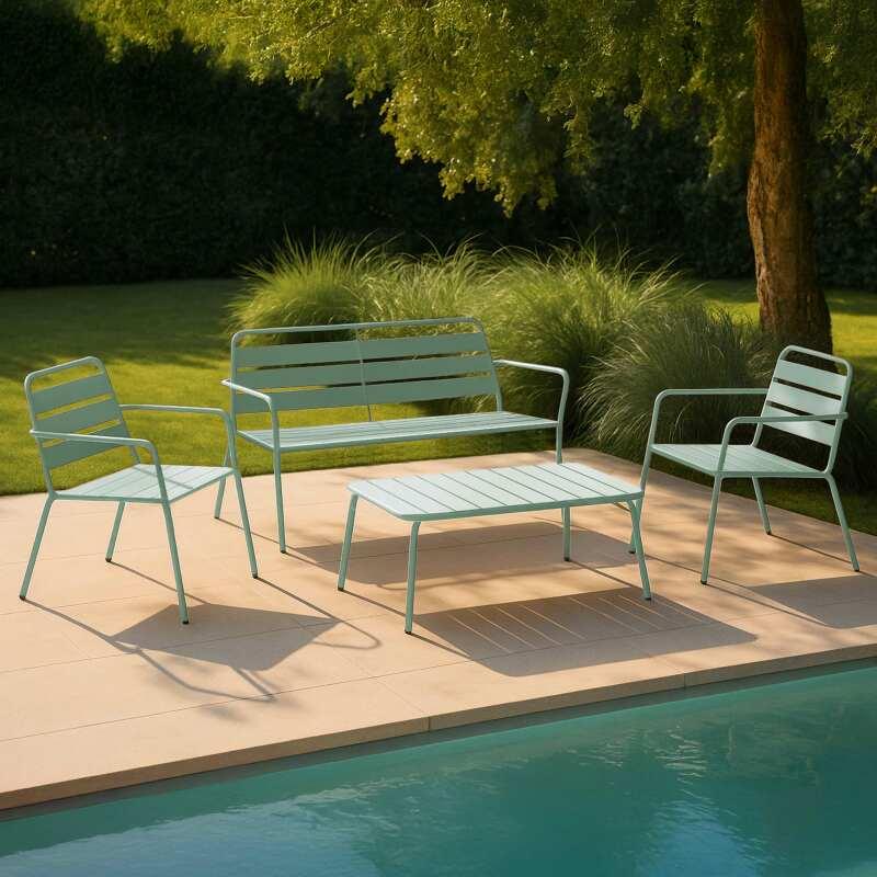 Gartenlounge-Set aus Metall für 4 Personen, bestehend aus 1 Couchtisch, 2 Sesseln und 1 Sofa 