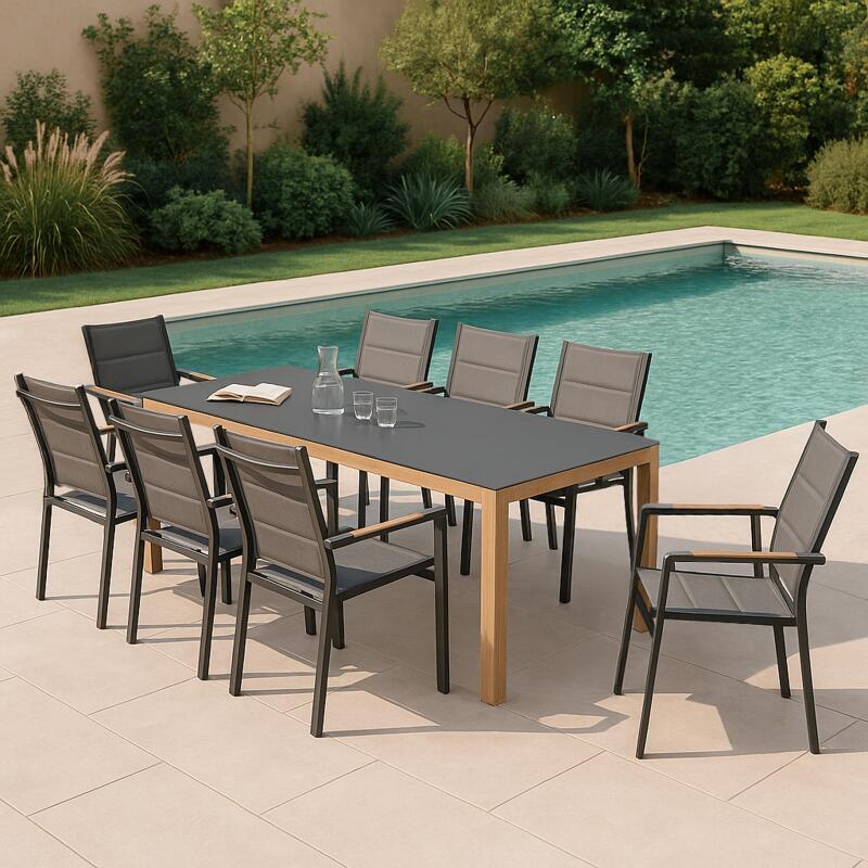 Gartentisch aus Aluminium mit Holzoptik und gehärtetem Glas, 180x90 cm, und 8 Stühle aus Textilene, mit Armlehnen