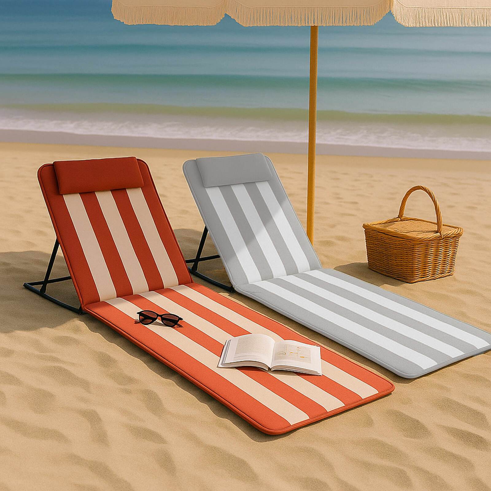 Set aus 2 faltbaren Strandmatratzen in Fuschia/Weiß und Hellgrau/Weiß