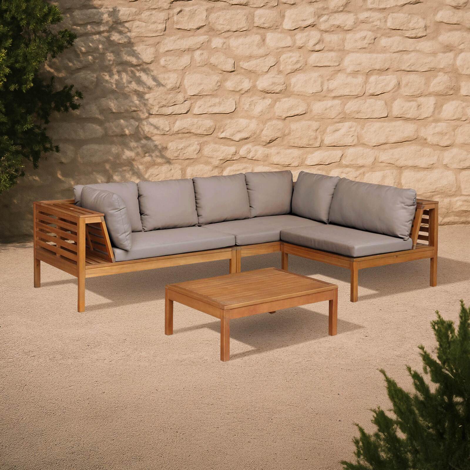 Ecksofa-Gartenlounge-Set für 4 Personen mit Tisch aus FSC®-zertifiziertem Eukalyptusholz 