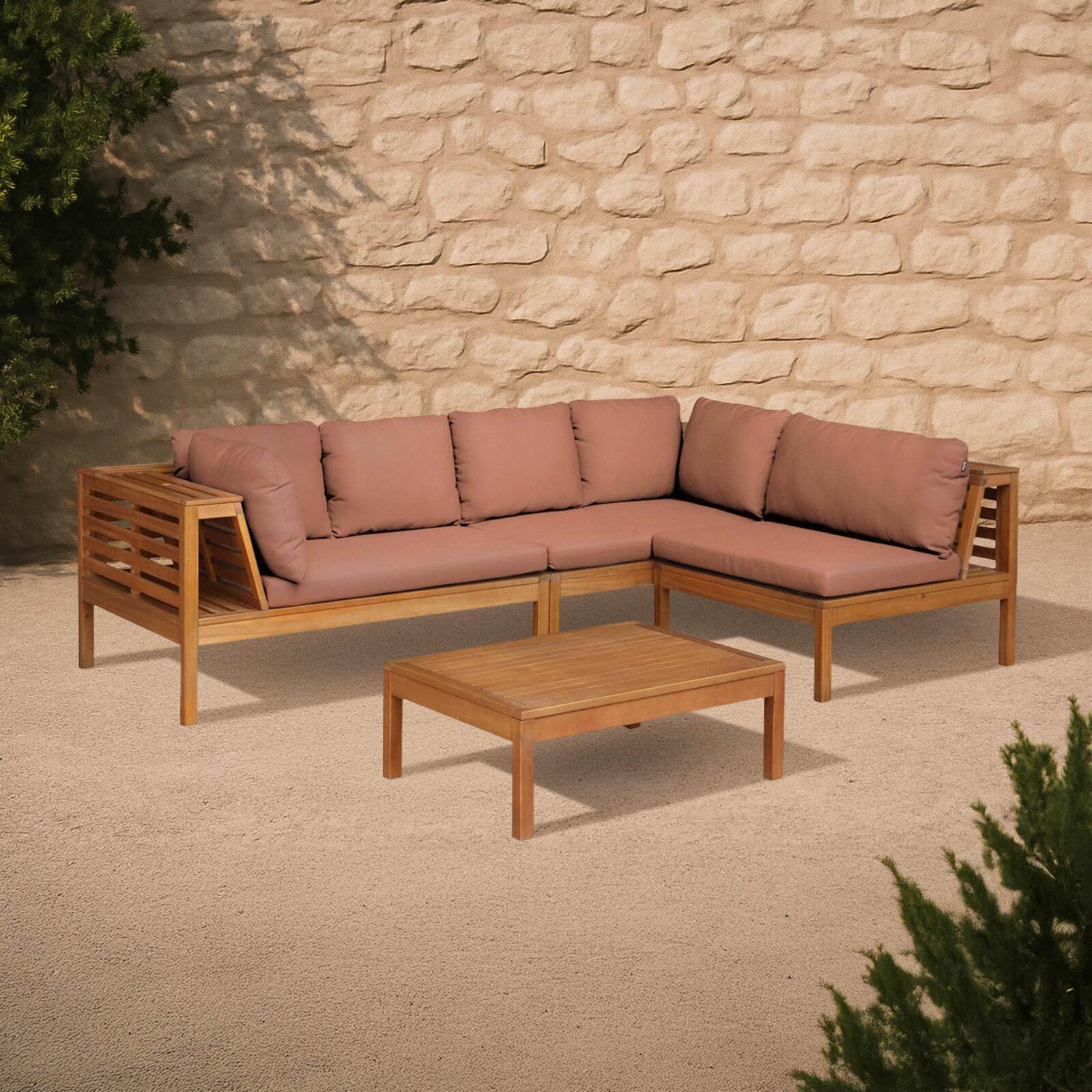 Ecksofa-Gartenlounge-Set für 4 Personen mit Tisch aus FSC®-zertifiziertem Eukalyptusholz 