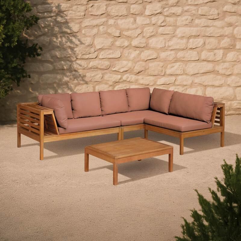 Ecksofa-Gartenlounge-Set für 4 Personen mit Tisch aus FSC®-zertifiziertem Eukalyptusholz