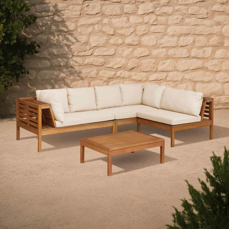 Ecksofa-Gartenlounge-Set für 4 Personen mit Tisch aus FSC®-zertifiziertem Eukalyptusholz
