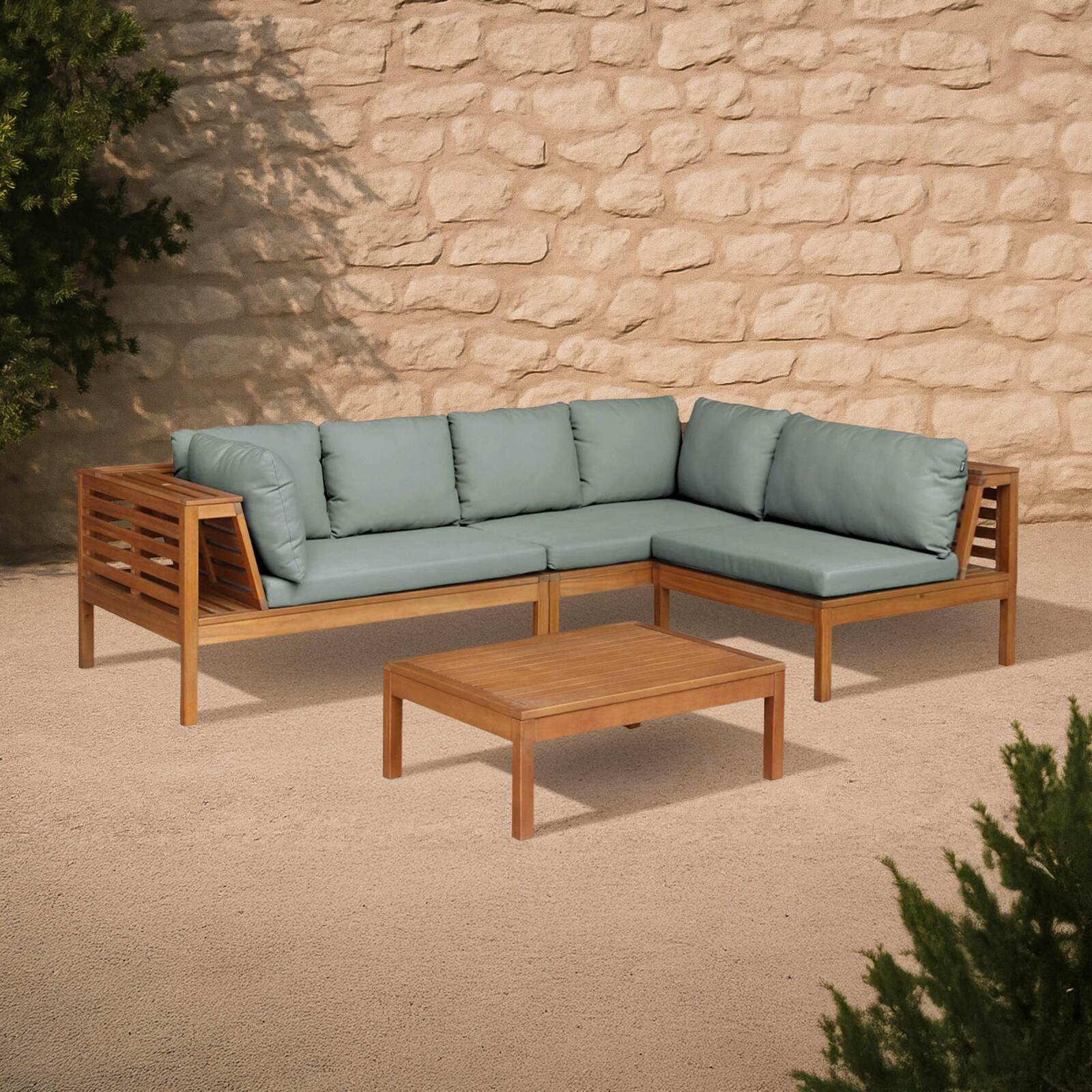 Ecksofa-Gartenlounge-Set für 4 Personen mit Tisch aus FSC®-zertifiziertem Eukalyptusholz 