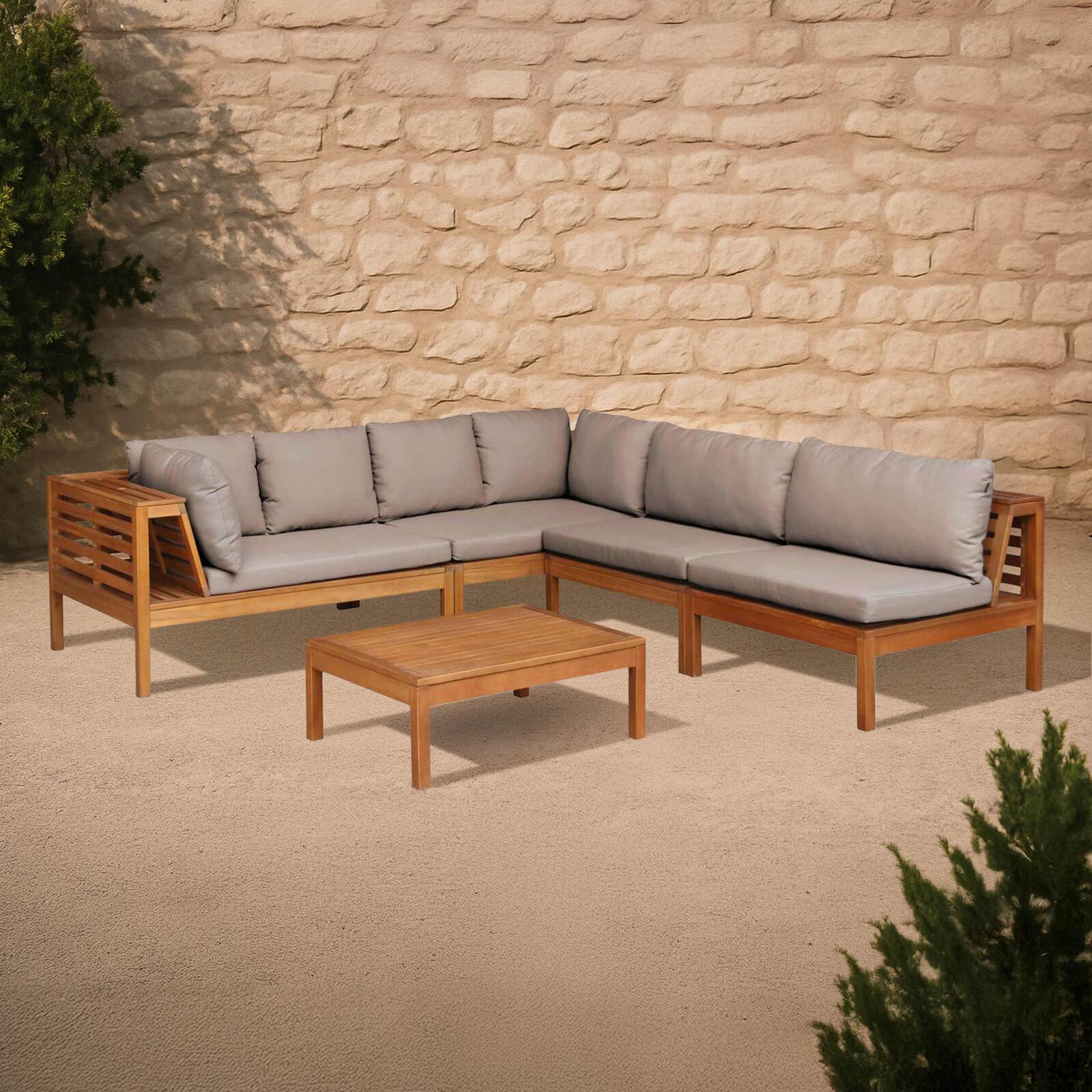 Ecksofa-Gartenlounge-Set für 5 Personen mit Tisch aus FSC®-zertifiziertem Eukalyptusholz