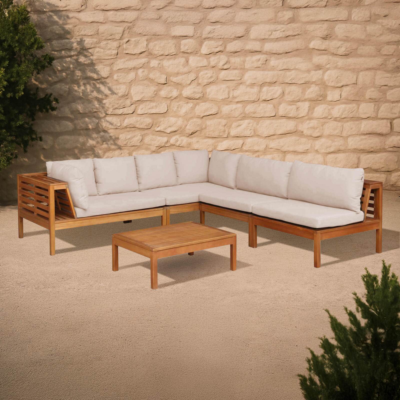 Ecksofa-Gartenlounge-Set für 5 Personen mit Tisch aus FSC®-zertifiziertem Eukalyptusholz