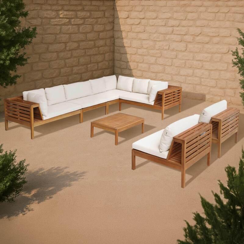 Gartenlounge-Set mit niedriger Sitzposition für 8 Personen und Tisch aus FSC®-zertifiziertem Eukalyptusholz