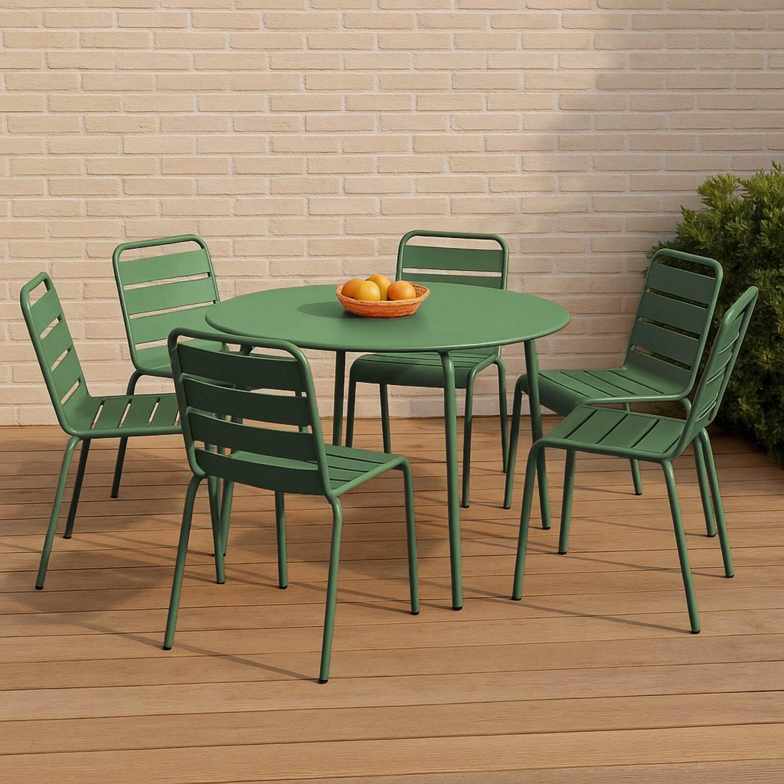 Gartentisch rund, aus Metall, Ø120 cm, und 6 Stühle